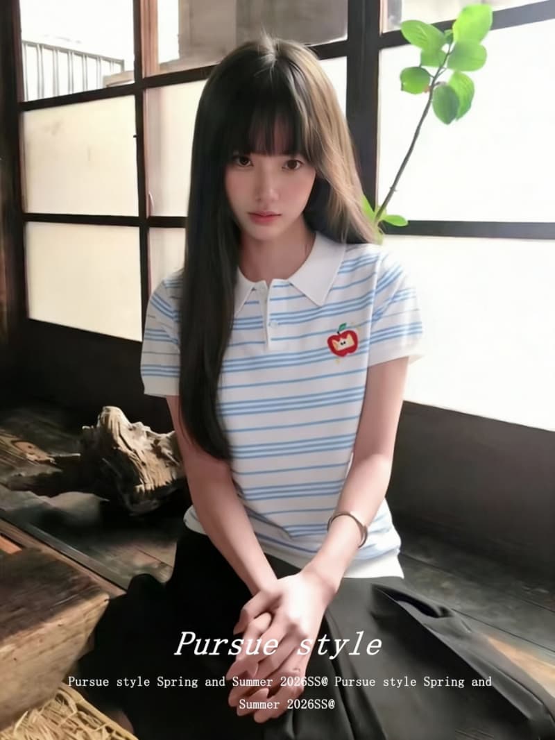 얼음 차가운 실크 워시 물 스트라이프 POLO 셔츠 여성 여름 긍정적 인 어깨 니트 반팔 한 부서 학원 스타일 맨위 트렌디 상세 이미지 4
