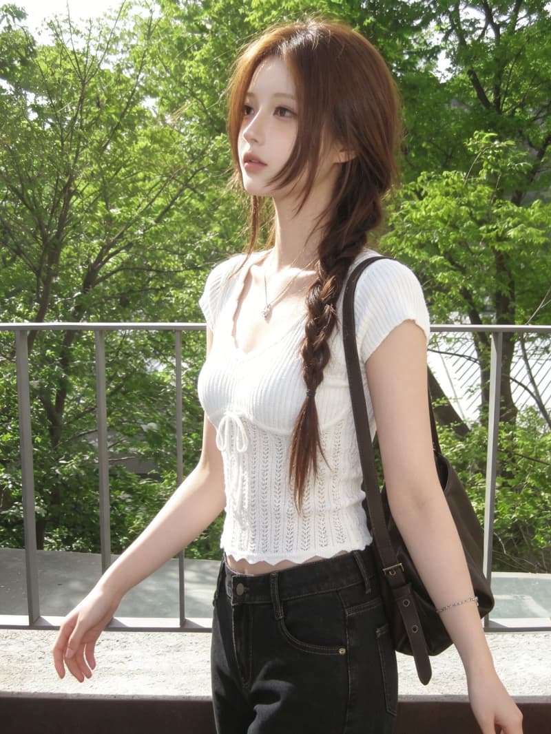 u 칼라 홀로우 아웃 자수 니트 반팔 여성 여름 2026 새로운 몸매 가꾸기 레이스업 작은 셔츠 짧은 맨위 상세 이미지 2
