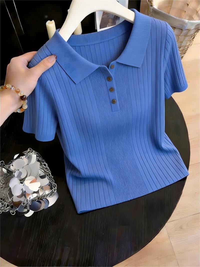 파란색 POLO 칼라 구덩이 기사 얼음 실크 반팔 니트 스웨터 여성 2026 년 여름 새로운 미니멀리즘 슬림해 보이는 티셔츠 맨위 이미지 4