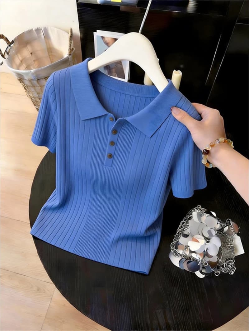 파란색 POLO 칼라 구덩이 기사 얼음 실크 반팔 니트 스웨터 여성 2026 년 여름 새로운 미니멀리즘 슬림해 보이는 티셔츠 맨위 이미지 3