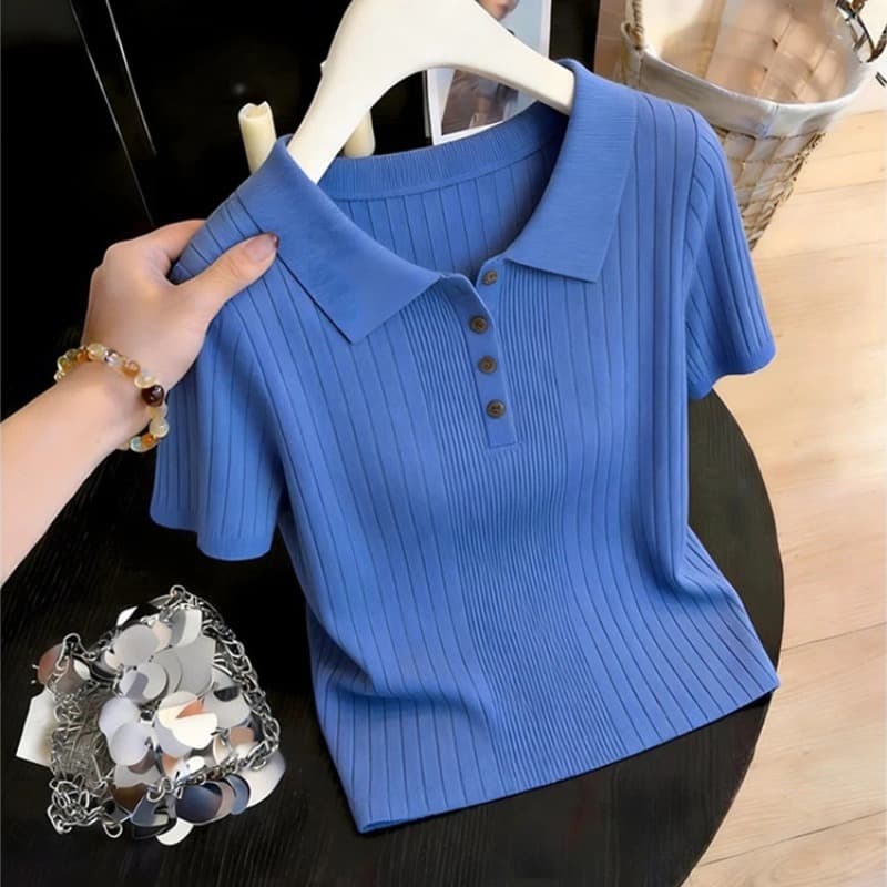 파란색 POLO 칼라 구덩이 기사 얼음 실크 반팔 니트 스웨터 여성 2026 년 여름 새로운 미니멀리즘 슬림해 보이는 티셔츠 맨위 이미지 5