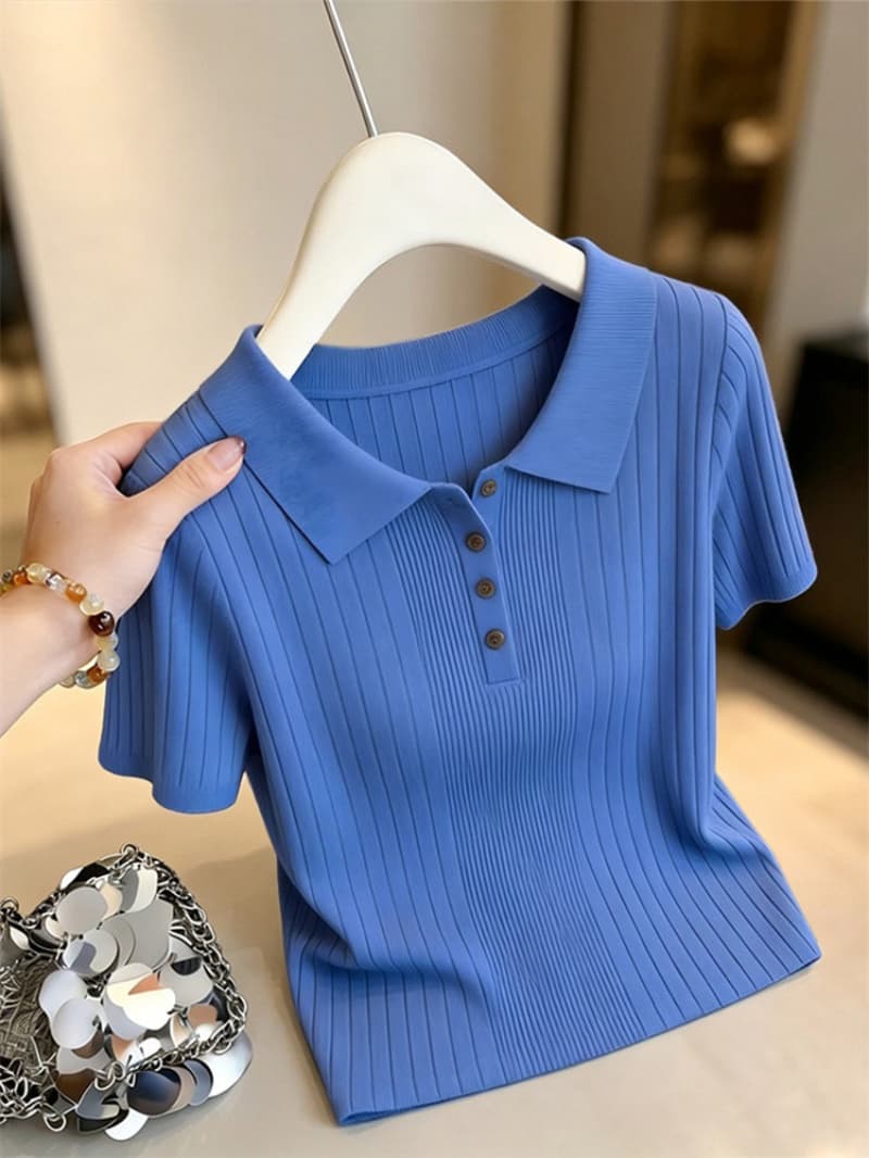 파란색 POLO 칼라 구덩이 기사 얼음 실크 반팔 니트 스웨터 여성 2026 년 여름 새로운 미니멀리즘 슬림해 보이는 티셔츠 맨위 상세 이미지 1