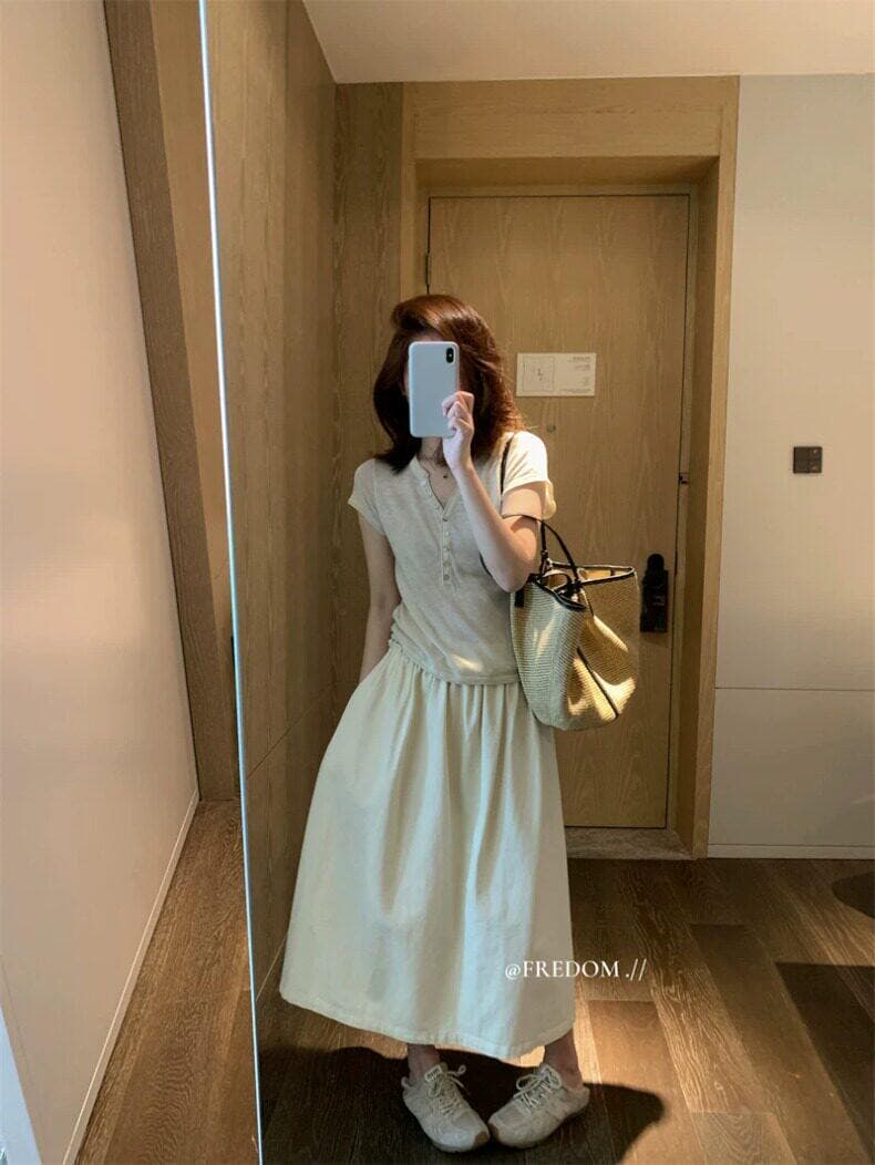 한 부서 소녀 센스 헨리 칼라 긍정적 인 어깨 반팔 티셔츠 여성 여름 달콤함 연령 감소 몸매 가꾸기 디스플레이 얇고 작은 날다 소매 맨위 상세 이미지 5