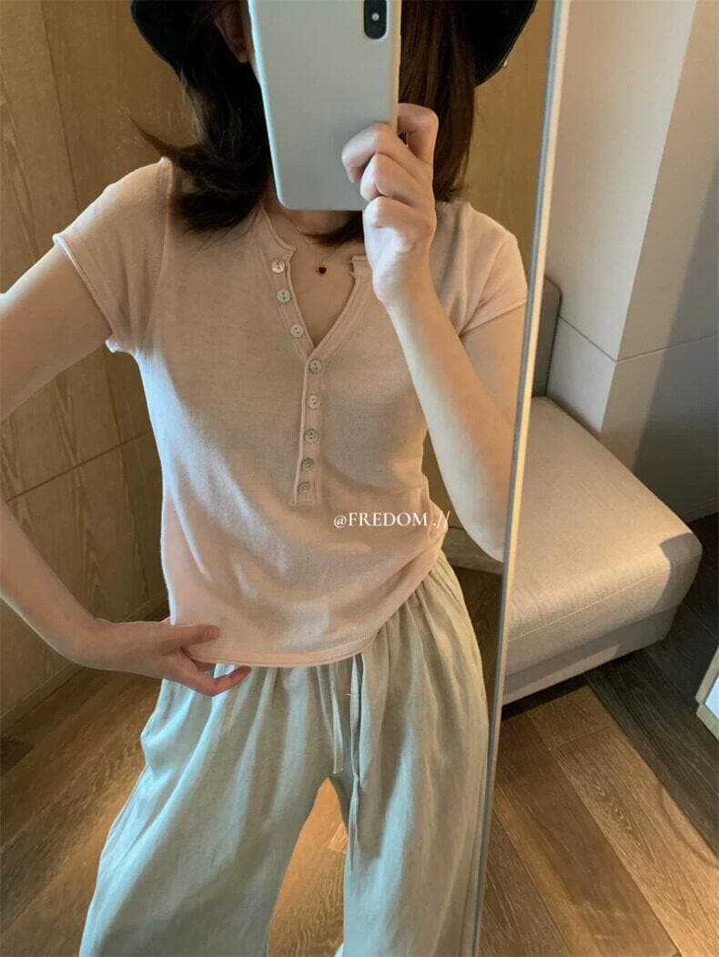 한 부서 소녀 센스 헨리 칼라 긍정적 인 어깨 반팔 티셔츠 여성 여름 달콤함 연령 감소 몸매 가꾸기 디스플레이 얇고 작은 날다 소매 맨위 상세 이미지 11