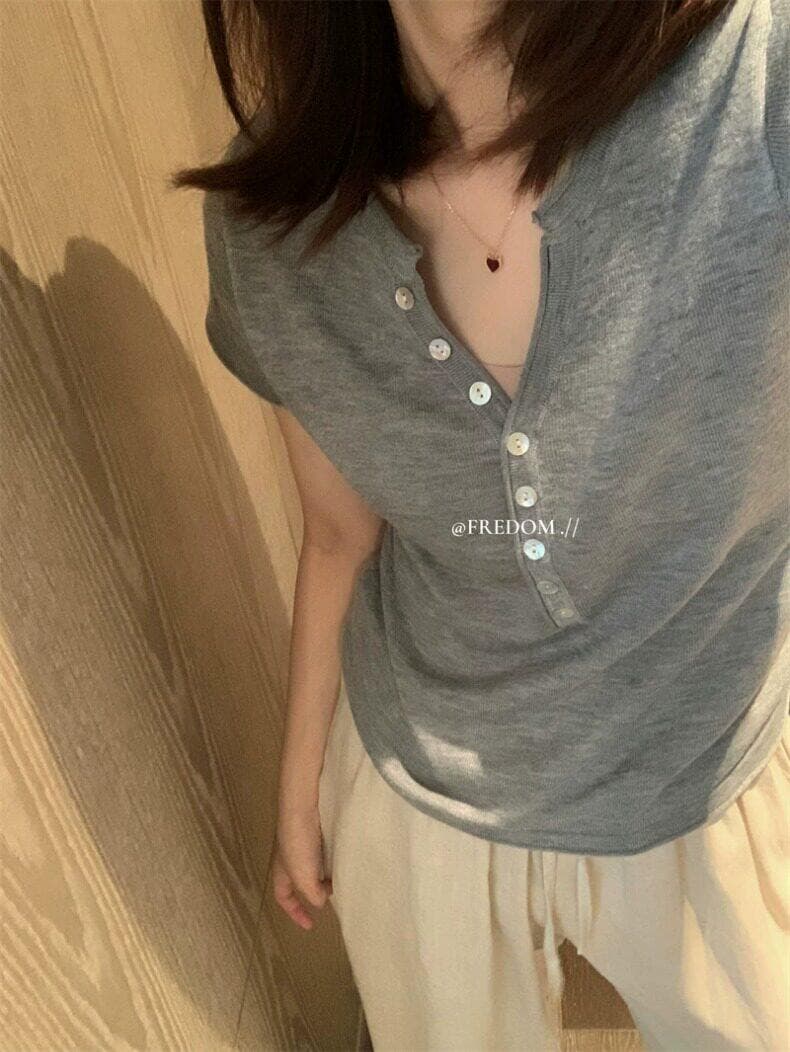 한 부서 소녀 센스 헨리 칼라 긍정적 인 어깨 반팔 티셔츠 여성 여름 달콤함 연령 감소 몸매 가꾸기 디스플레이 얇고 작은 날다 소매 맨위 상세 이미지 12