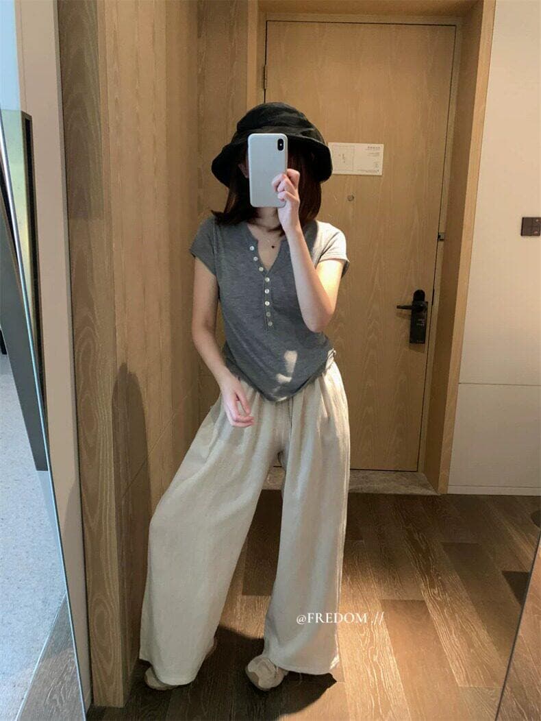 한 부서 소녀 센스 헨리 칼라 긍정적 인 어깨 반팔 티셔츠 여성 여름 달콤함 연령 감소 몸매 가꾸기 디스플레이 얇고 작은 날다 소매 맨위 상세 이미지 14