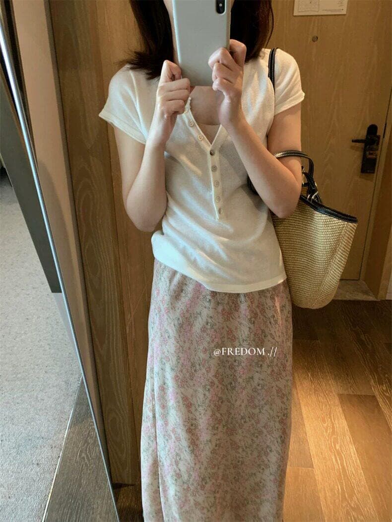 한 부서 소녀 센스 헨리 칼라 긍정적 인 어깨 반팔 티셔츠 여성 여름 달콤함 연령 감소 몸매 가꾸기 디스플레이 얇고 작은 날다 소매 맨위 상세 이미지 25