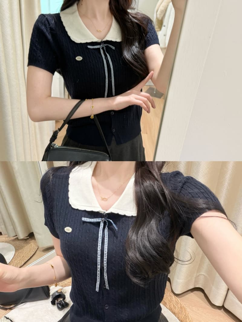 얼음 차가운 실크 워시 물 학원 스타일 베이비 칼라 나비 매듭 스트랩 니트 스웨터 여름 반팔 외국 가스 꽈배기 맨위 상세 이미지 2