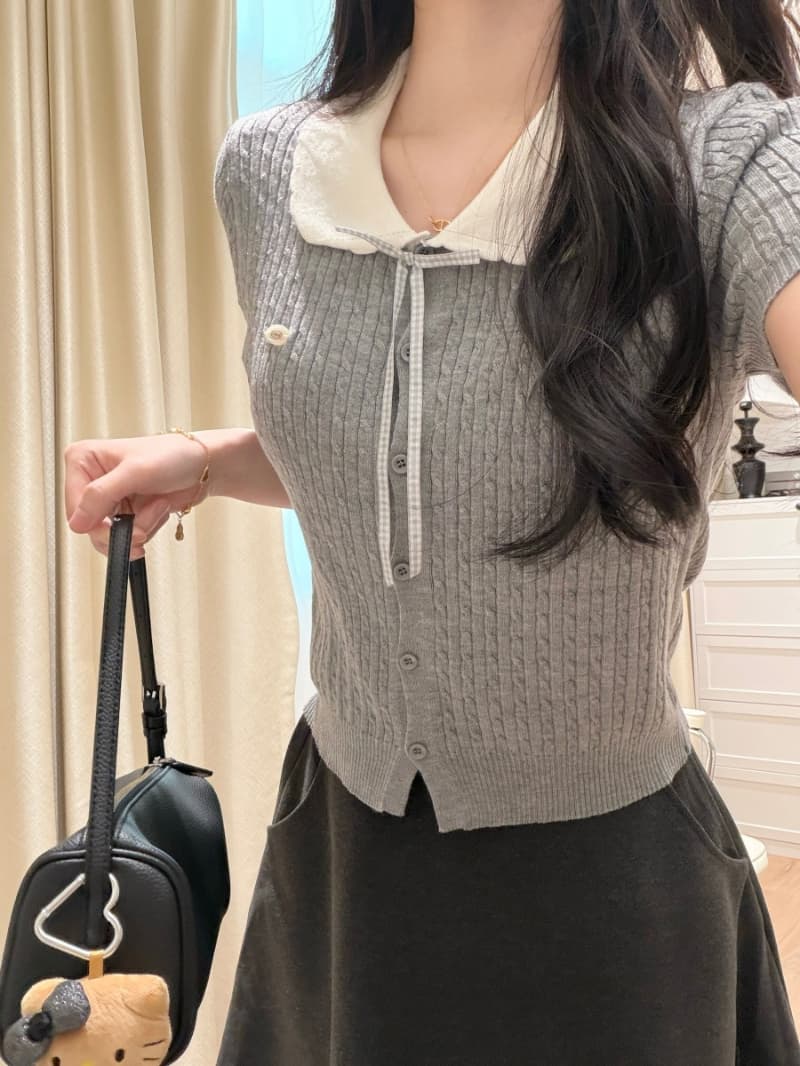 얼음 차가운 실크 워시 물 학원 스타일 베이비 칼라 나비 매듭 스트랩 니트 스웨터 여름 반팔 외국 가스 꽈배기 맨위 상세 이미지 12