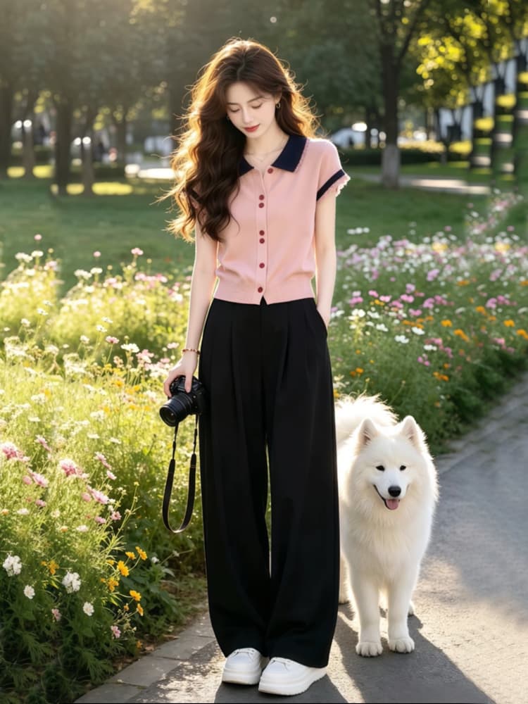 핑크색 배색 POLO 칼라 단추 레이스 레이스 반팔 티셔츠 여성 2026 여름 해변가 착용 가져 가라. 아름다운 맨위 상세 이미지 1
