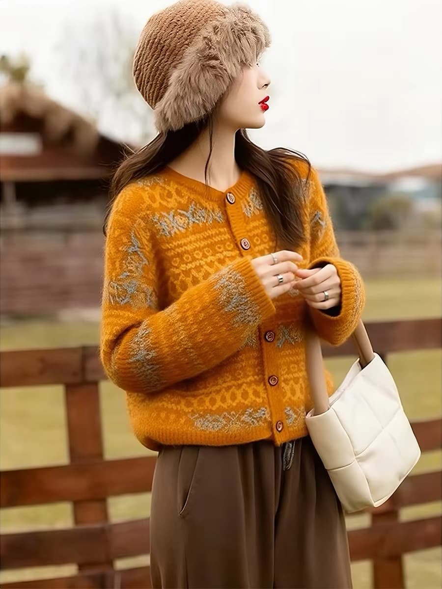느긋한 바람 부드러운 찹쌀 레트로 자카드 스웨터 여자 가을 겨울 2026 새로운 루즈핏 외출용 쇼트 스타일 니트 오픈 가디건 맨위 상세 이미지 1