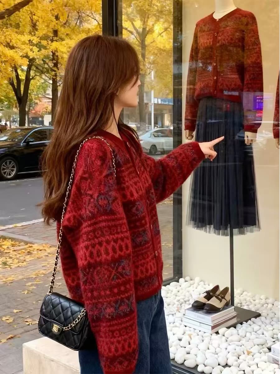 느긋한 바람 부드러운 찹쌀 레트로 자카드 스웨터 여자 가을 겨울 2026 새로운 루즈핏 외출용 쇼트 스타일 니트 오픈 가디건 맨위 상세 이미지 13