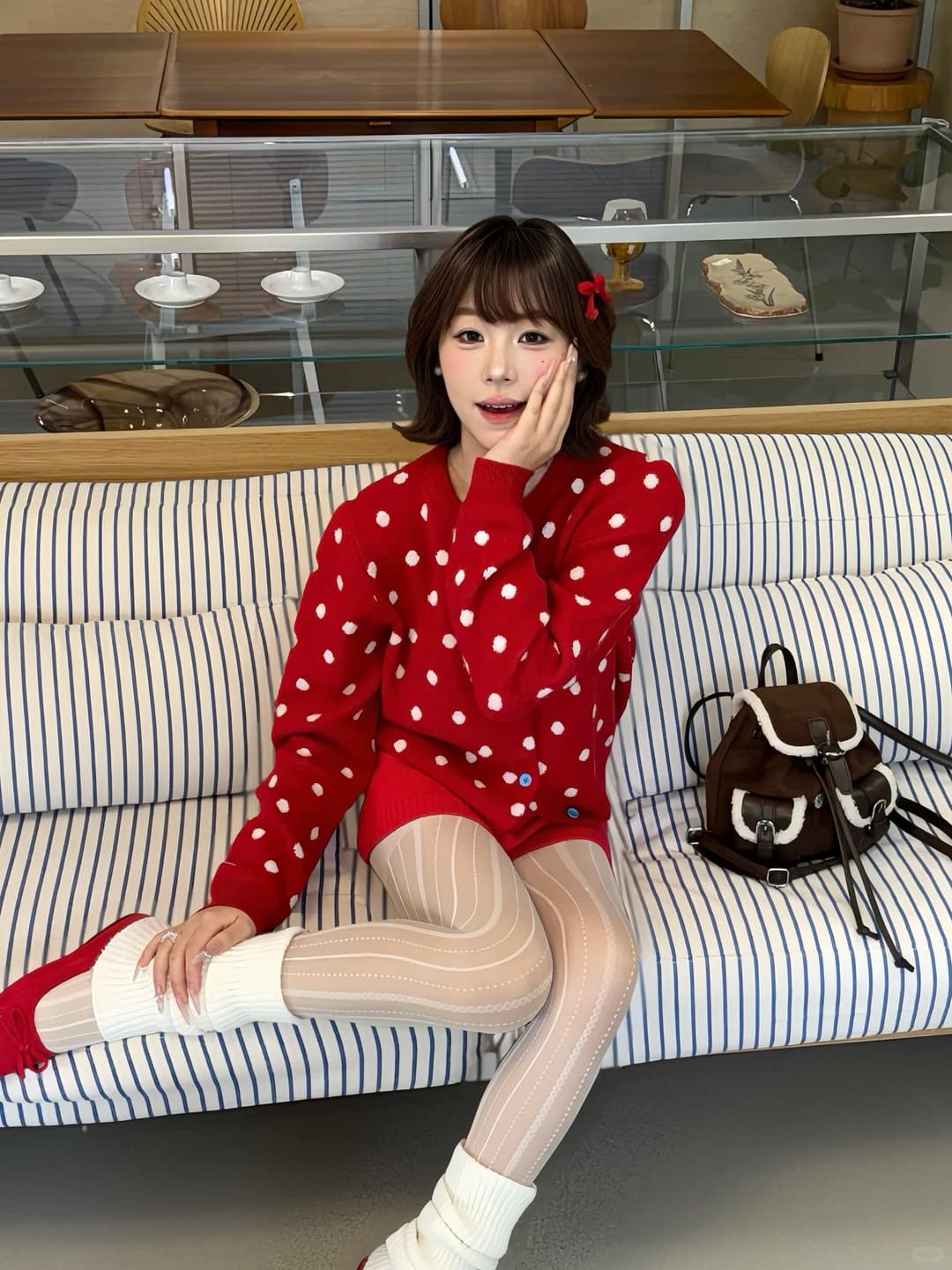 아메리칸 레트로 도트 무늬 오픈 가디건 파란색 스웨터 여성 코트 이른 가을 쇼트 스타일 느긋한 바람 니트 스웨터 맨위 상세 이미지 1