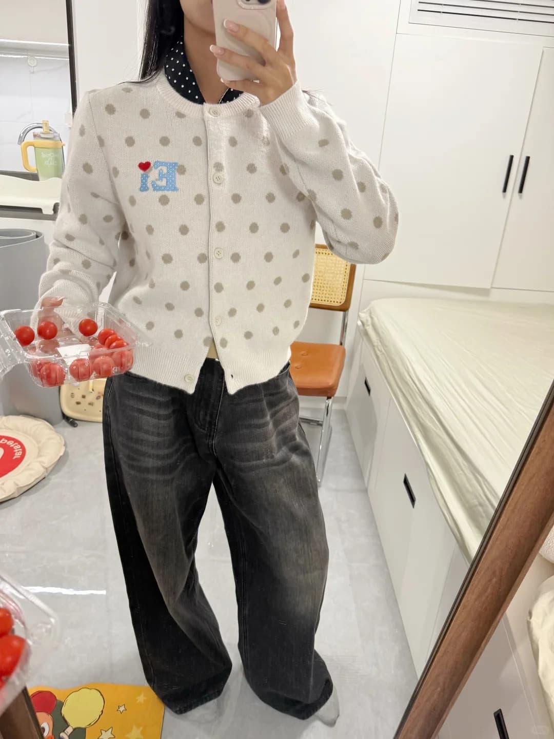 아메리칸 레트로 도트 무늬 오픈 가디건 파란색 스웨터 여성 코트 이른 가을 쇼트 스타일 느긋한 바람 니트 스웨터 맨위 상세 이미지 33