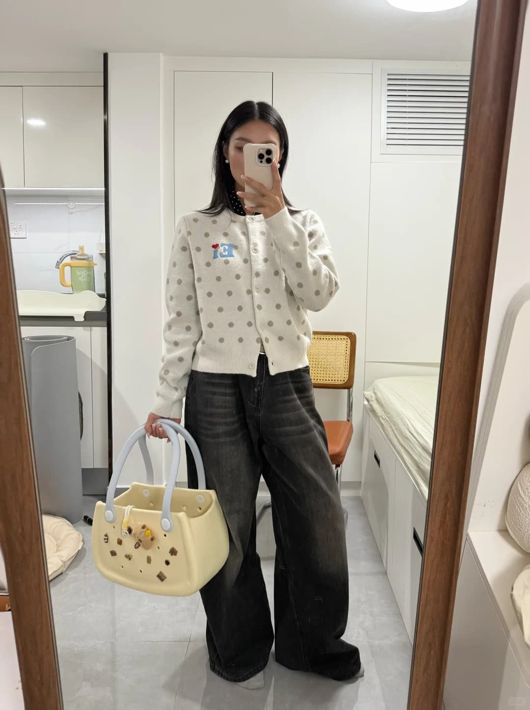 아메리칸 레트로 도트 무늬 오픈 가디건 파란색 스웨터 여성 코트 이른 가을 쇼트 스타일 느긋한 바람 니트 스웨터 맨위 상세 이미지 34