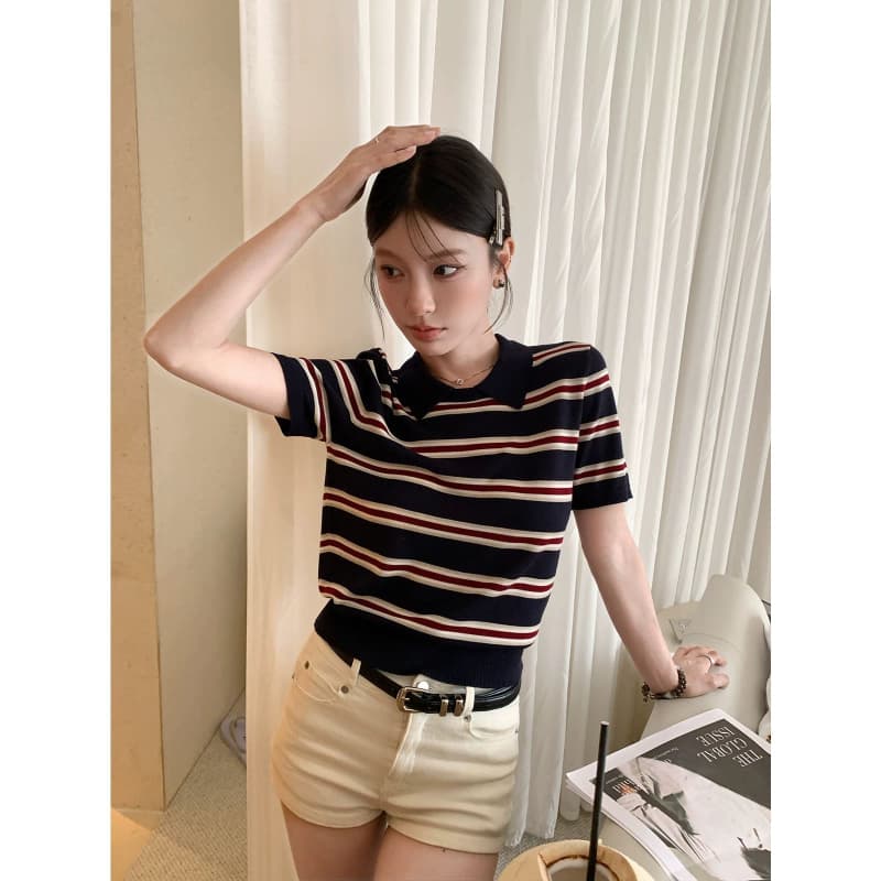 얼음 차가운 실크 워시 물 한 부서 여름 스트라이프 니트 스웨터 폴로 칼라 느긋한 바람 일본식 다용도 슬림해 보이는 맨위 여성 이미지 5
