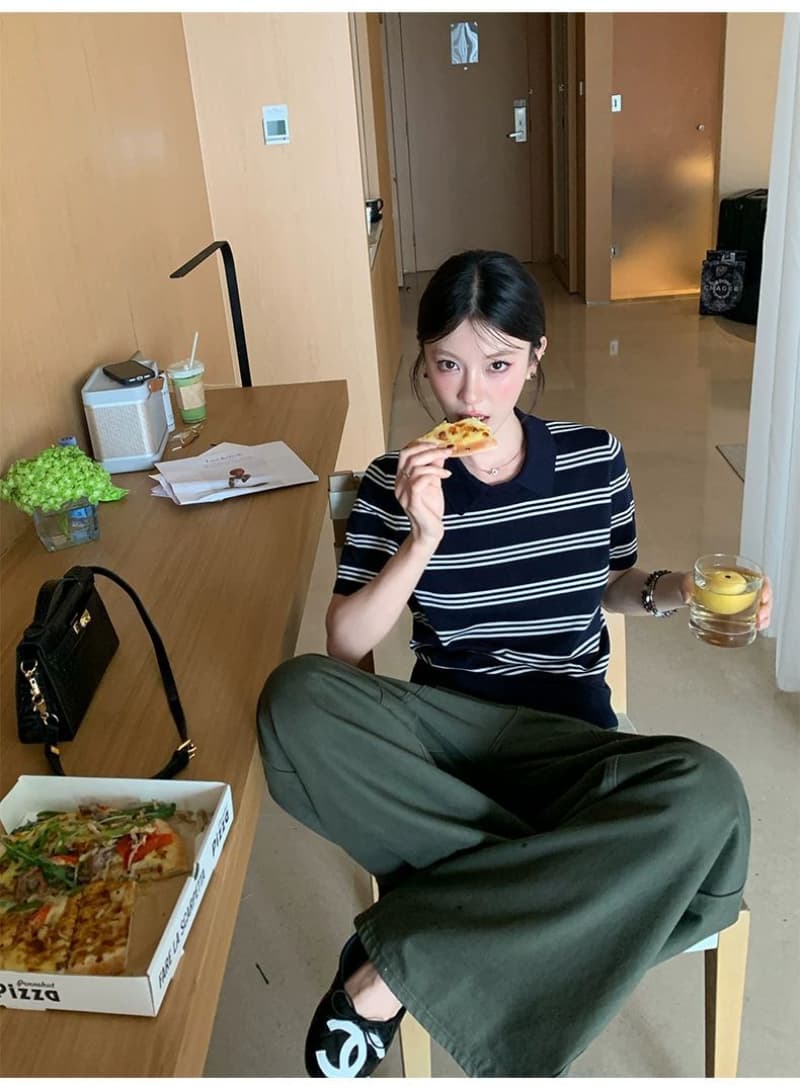 얼음 차가운 실크 워시 물 한 부서 여름 스트라이프 니트 스웨터 폴로 칼라 느긋한 바람 일본식 다용도 슬림해 보이는 맨위 여성 상세 이미지 3