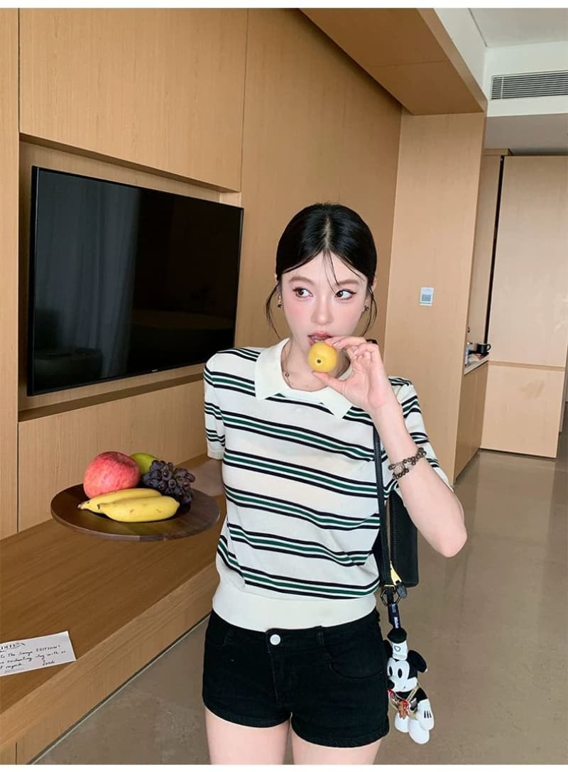 얼음 차가운 실크 워시 물 한 부서 여름 스트라이프 니트 스웨터 폴로 칼라 느긋한 바람 일본식 다용도 슬림해 보이는 맨위 여성 상세 이미지 11