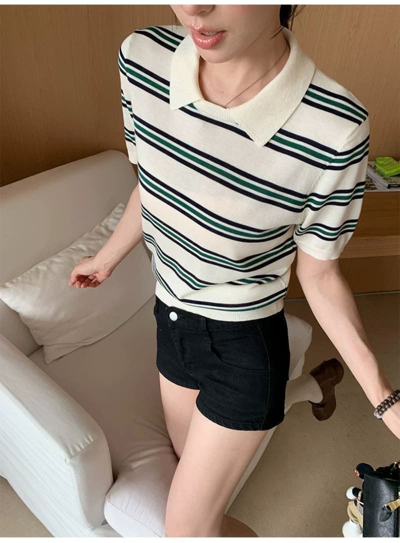 얼음 차가운 실크 워시 물 한 부서 여름 스트라이프 니트 스웨터 폴로 칼라 느긋한 바람 일본식 다용도 슬림해 보이는 맨위 여성 상세 이미지 13