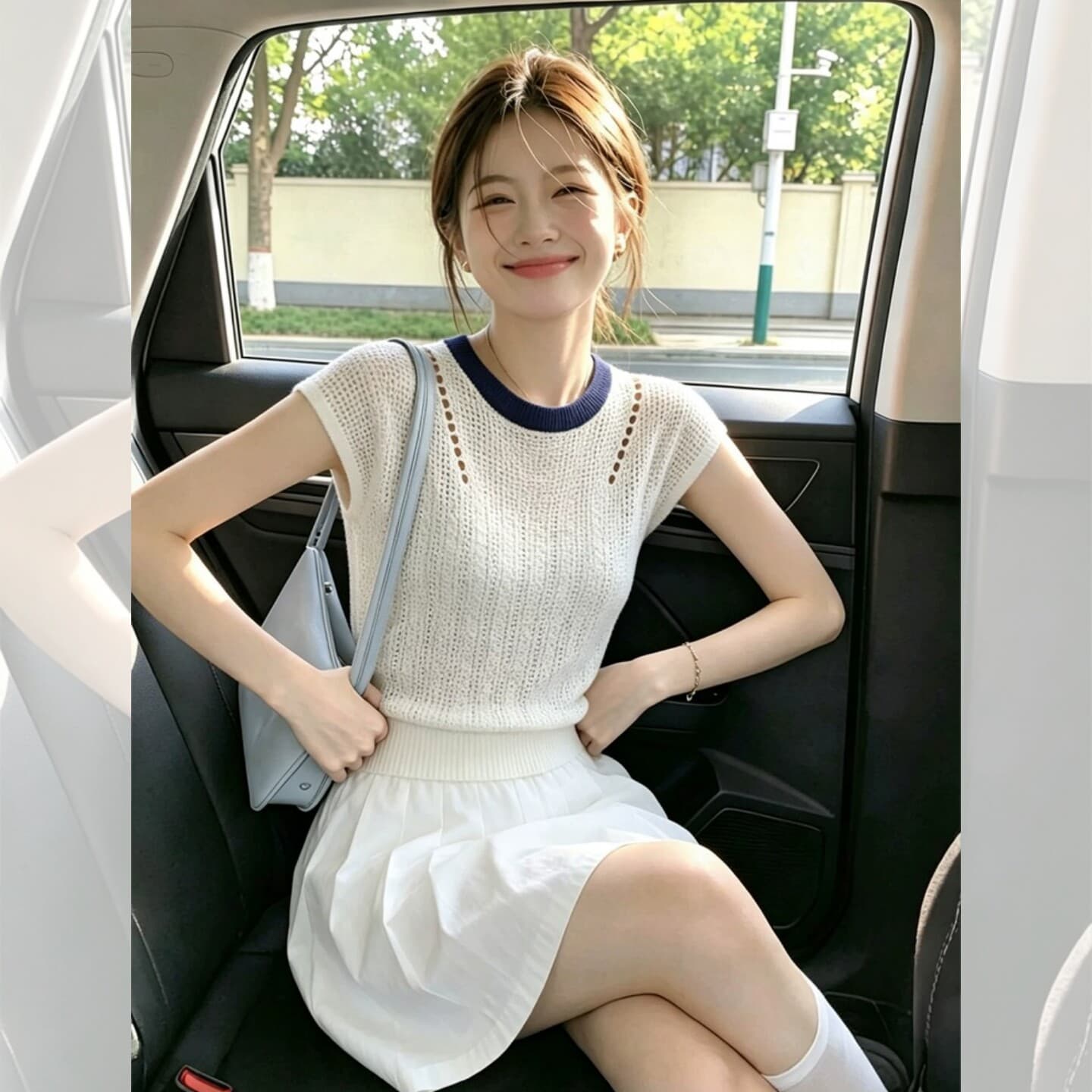디자인 센스 화이트 홀로우 아웃 Feifei 소매 반팔 니트 스웨터 여성 여름 고급 센스 슈퍼 잘 생긴 ~ 중 얼음 실크 맨위 얇은 상세 이미지 1