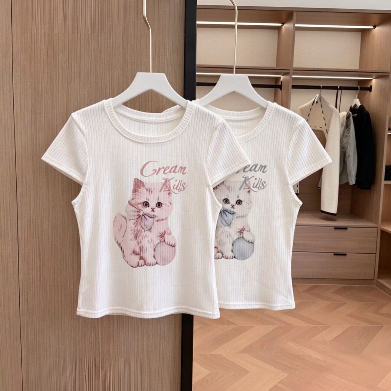 귀여운 고양이 프린트 라운드 넥 반팔 티셔츠 여성 여름 새로운 한 부서 달콤함 연령 감소 고유 한 몸매 가꾸기 맨위 서비스 이미지 5