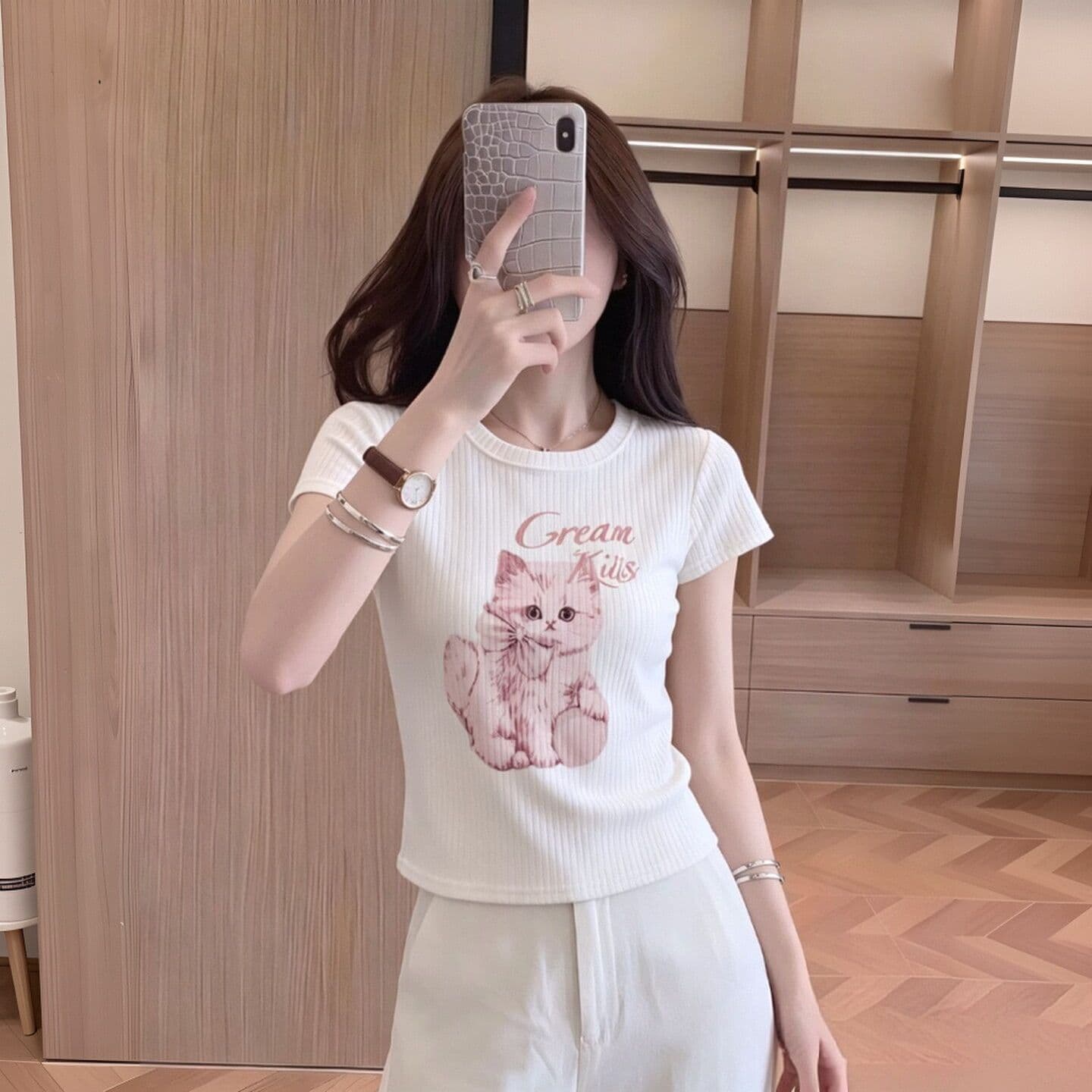 귀여운 고양이 프린트 라운드 넥 반팔 티셔츠 여성 여름 새로운 한 부서 달콤함 연령 감소 고유 한 몸매 가꾸기 맨위 서비스 상세 이미지 2