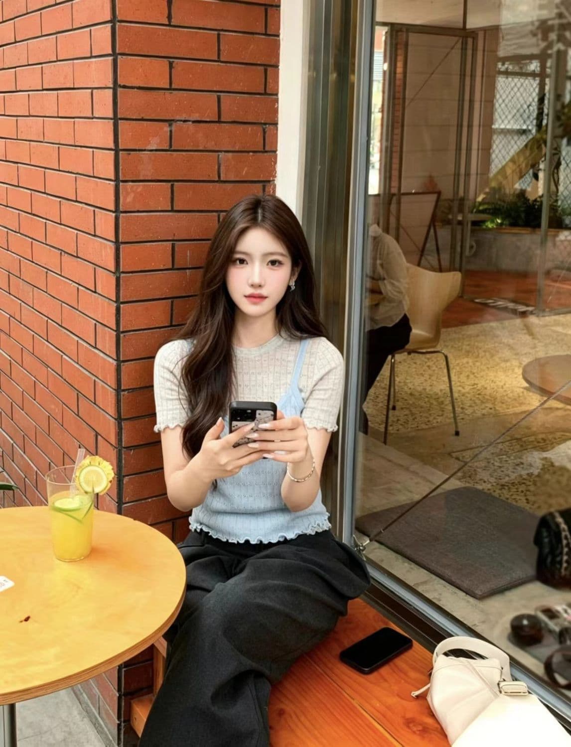 한 부서 배색 페이크 레이어드 니트 반팔 티셔츠 여성 디자인 센스 몸매 가꾸기 슬림해 보이는 긍정적 인 어깨 라운드 넥 쇼트 스타일 맨위 트렌디 상세 이미지 4