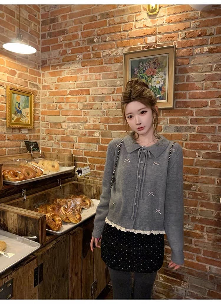 겨울 의류 새로운 한 부서 쇼트 스타일 나비 매듭 레이스 레이스 긴팔 폴로 칼라 스웨터 카디건 코트 상세 이미지 20