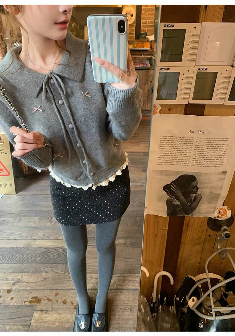 겨울 의류 새로운 한 부서 쇼트 스타일 나비 매듭 레이스 레이스 긴팔 폴로 칼라 스웨터 카디건 코트 상세 이미지 21