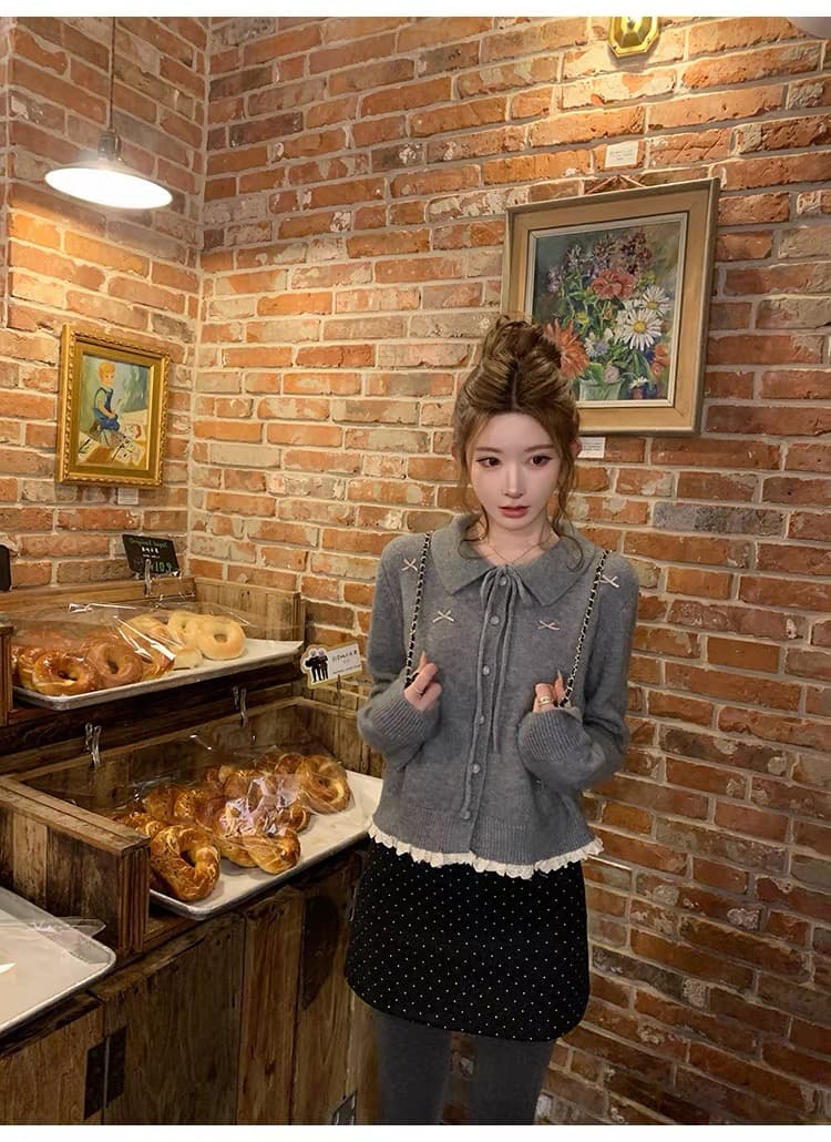 겨울 의류 새로운 한 부서 쇼트 스타일 나비 매듭 레이스 레이스 긴팔 폴로 칼라 스웨터 카디건 코트 상세 이미지 22