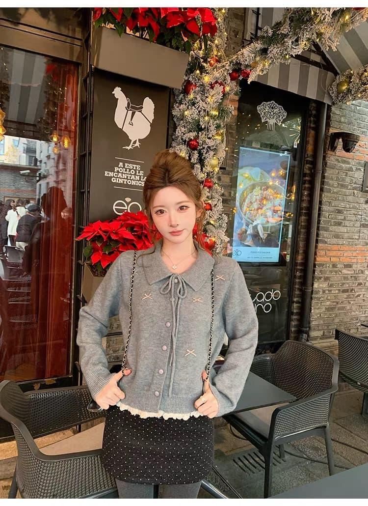 겨울 의류 새로운 한 부서 쇼트 스타일 나비 매듭 레이스 레이스 긴팔 폴로 칼라 스웨터 카디건 코트 상세 이미지 23