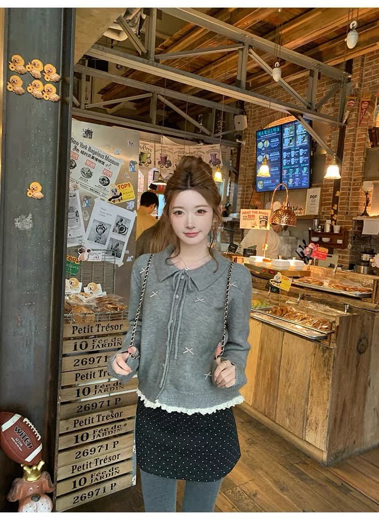 겨울 의류 새로운 한 부서 쇼트 스타일 나비 매듭 레이스 레이스 긴팔 폴로 칼라 스웨터 카디건 코트 상세 이미지 25