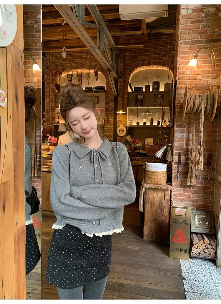 겨울 의류 새로운 한 부서 쇼트 스타일 나비 매듭 레이스 레이스 긴팔 폴로 칼라 스웨터 카디건 코트 상세 이미지 26