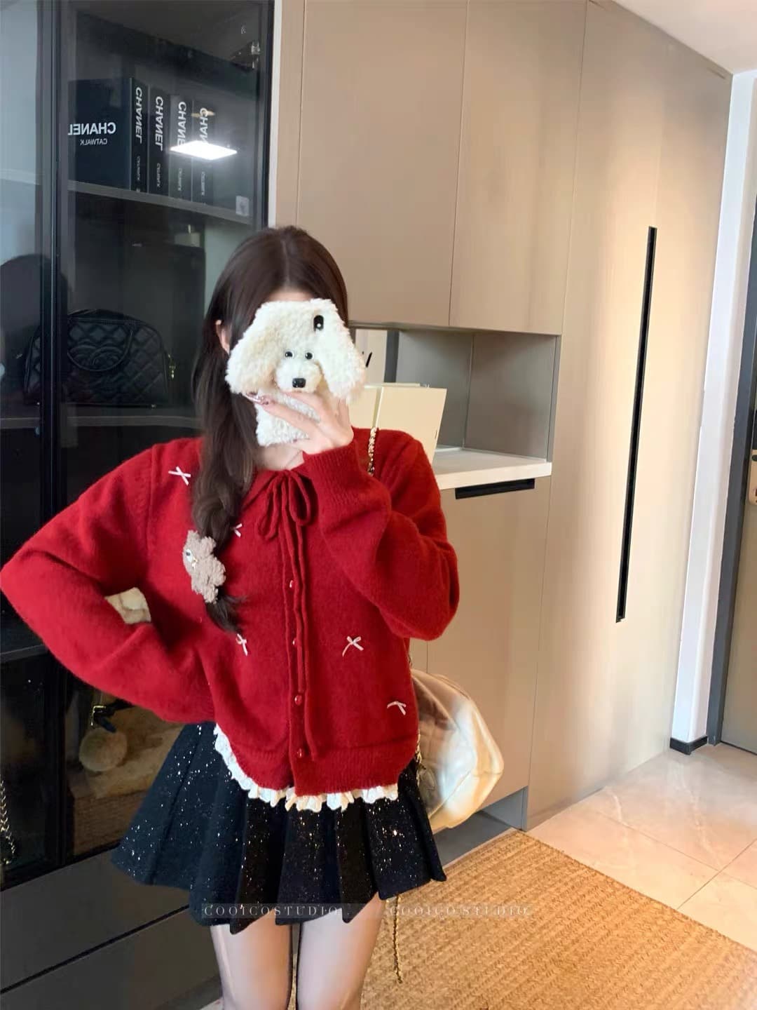 겨울 의류 새로운 한 부서 쇼트 스타일 나비 매듭 레이스 레이스 긴팔 폴로 칼라 스웨터 카디건 코트 상세 이미지 27