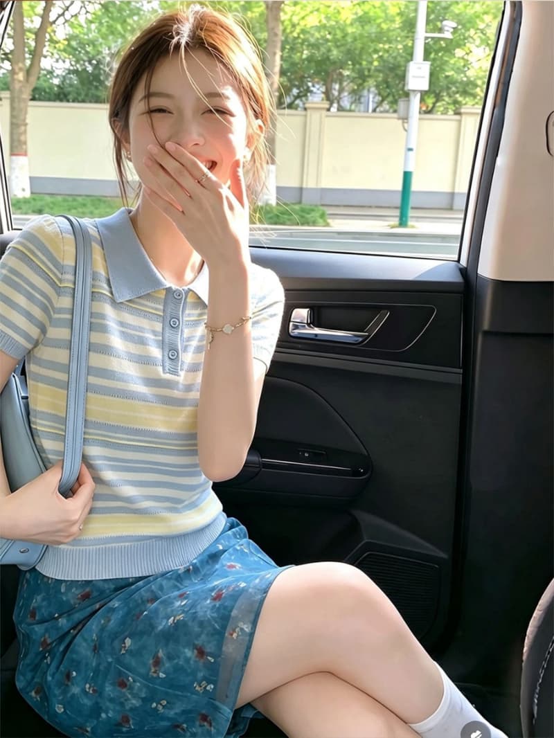 얼음 차가운 실크 워시 물 한 부서 착용 가져 가라. 파란색 스트라이프 POLO 칼라 반팔 티셔츠 여성 여름 다용도 니트 맨위 이미지 4