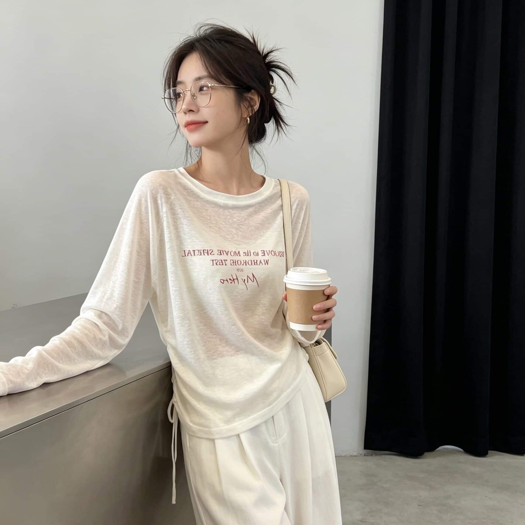 화이트 자외선 차단 블라우스 여성 여름 얇은 스타일 2026 새로운 긴팔 티셔츠 루즈핏 라이 경기 서울 주간 실크 맨위 이미지 2