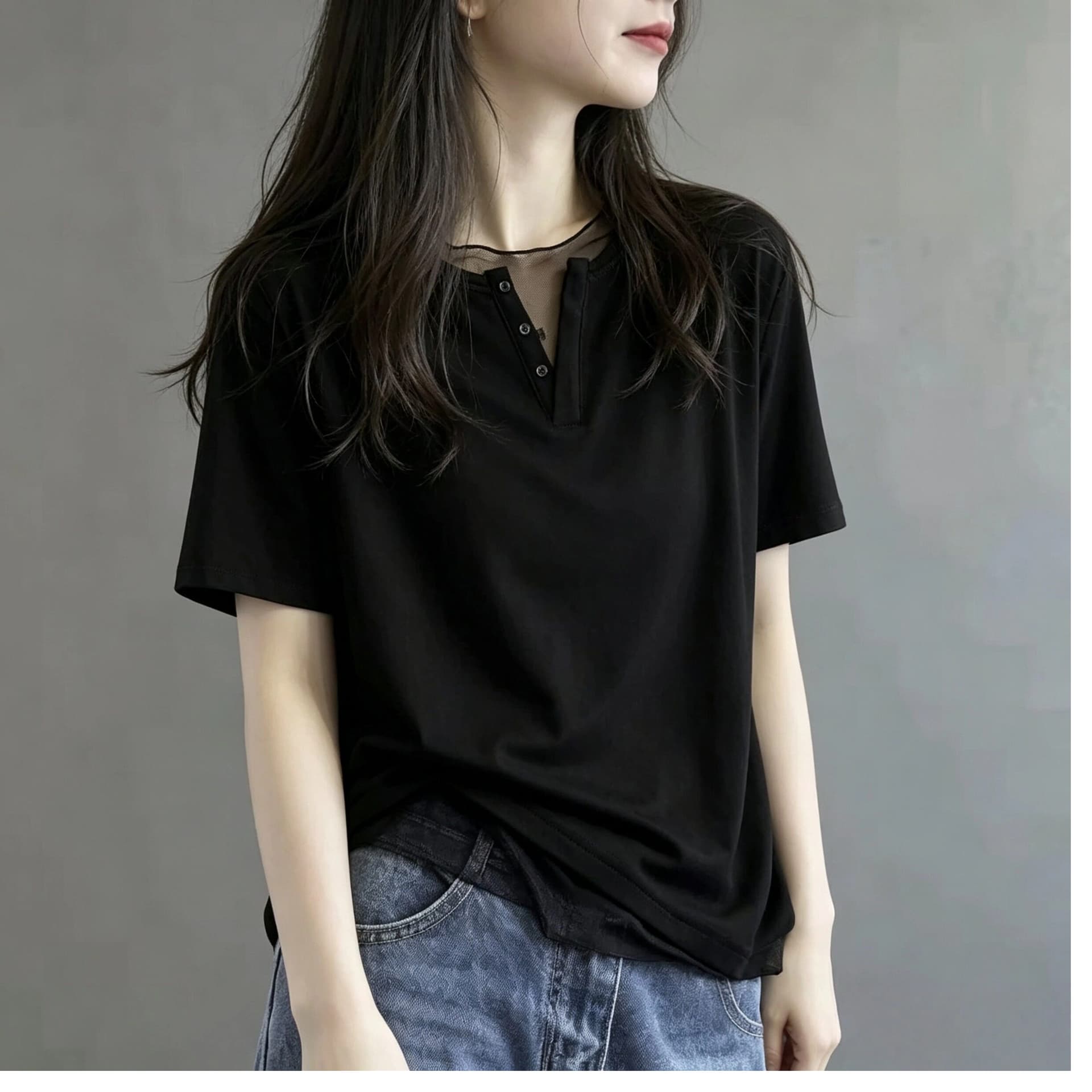 망사 패치워크 V넥 검정색 반팔 티셔츠 여성 여름 새로운 긍정적 인 어깨 루즈핏 캐주얼 다용도 품격 슬림해 보이는 맨위 상세 이미지 4