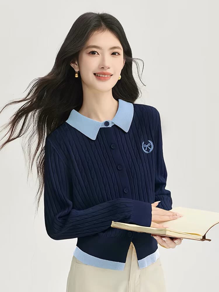 지식인 바람 페이크 레이어드 배색 POLO 칼라 니트 오픈 가디건 맨위 여성 2026 조기 가을 새로운 상세 이미지 12
