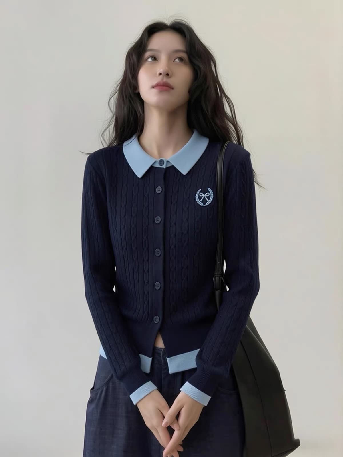 지식인 바람 페이크 레이어드 배색 POLO 칼라 니트 오픈 가디건 맨위 여성 2026 조기 가을 새로운 상세 이미지 24
