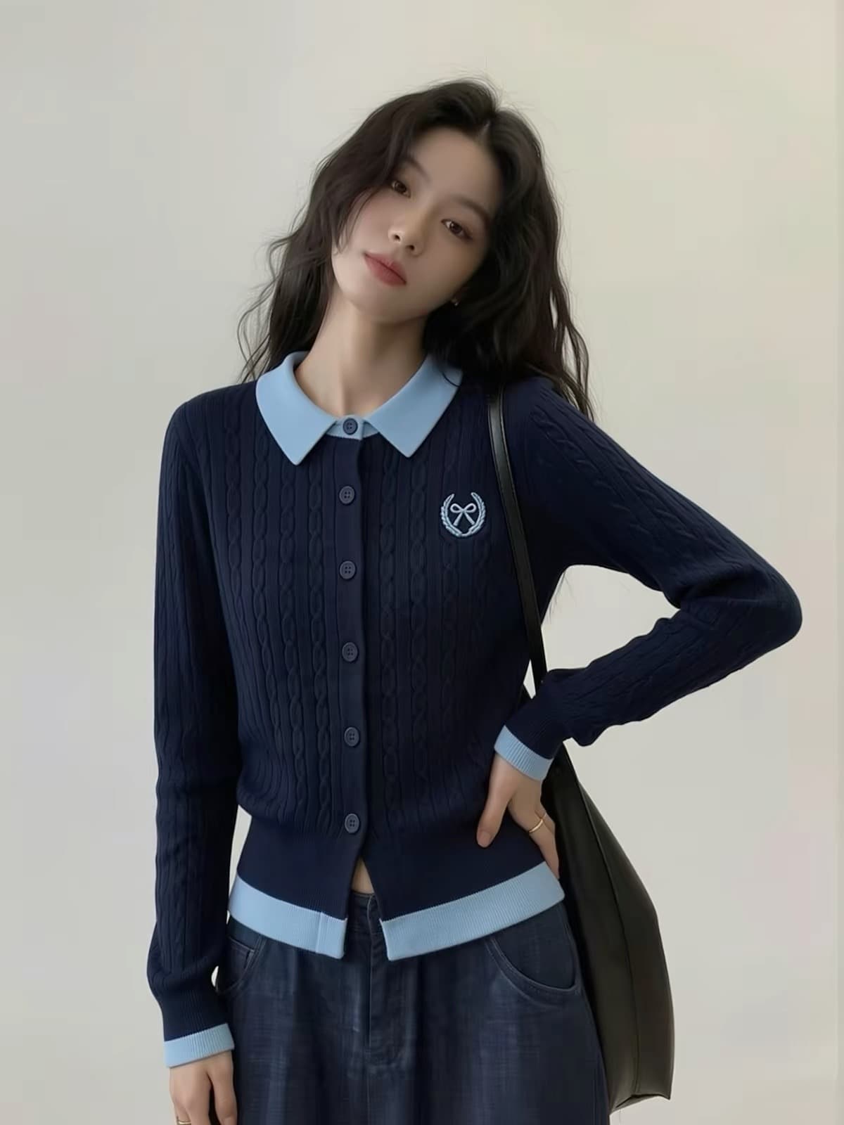 지식인 바람 페이크 레이어드 배색 POLO 칼라 니트 오픈 가디건 맨위 여성 2026 조기 가을 새로운 상세 이미지 25