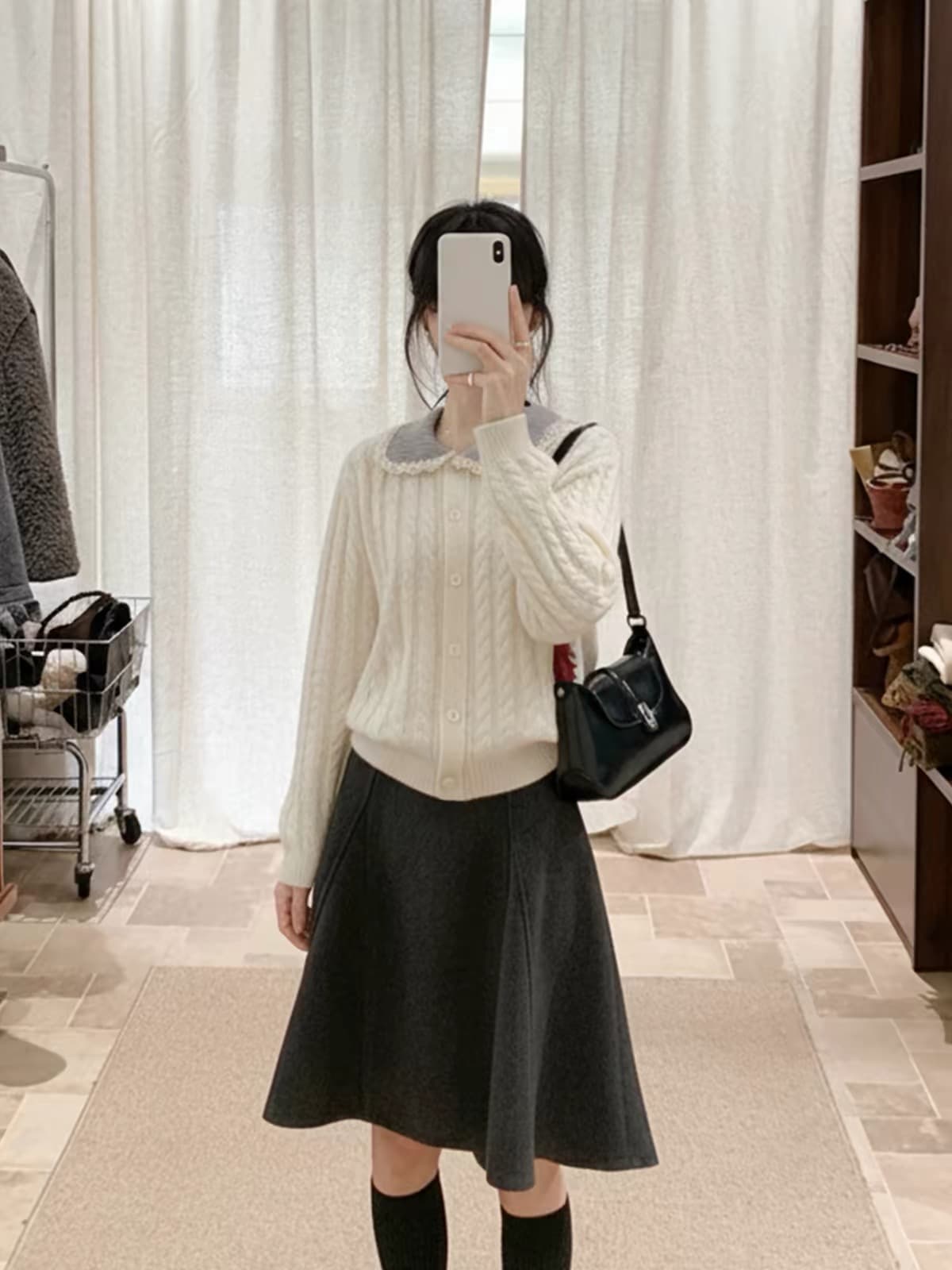 한국 스타일 배색 폴로 칼라 꽈배기 레이스 칼라 스웨터 오픈 가디건 여성 겨울 레트로 문예 바람 맨위 이미지 4