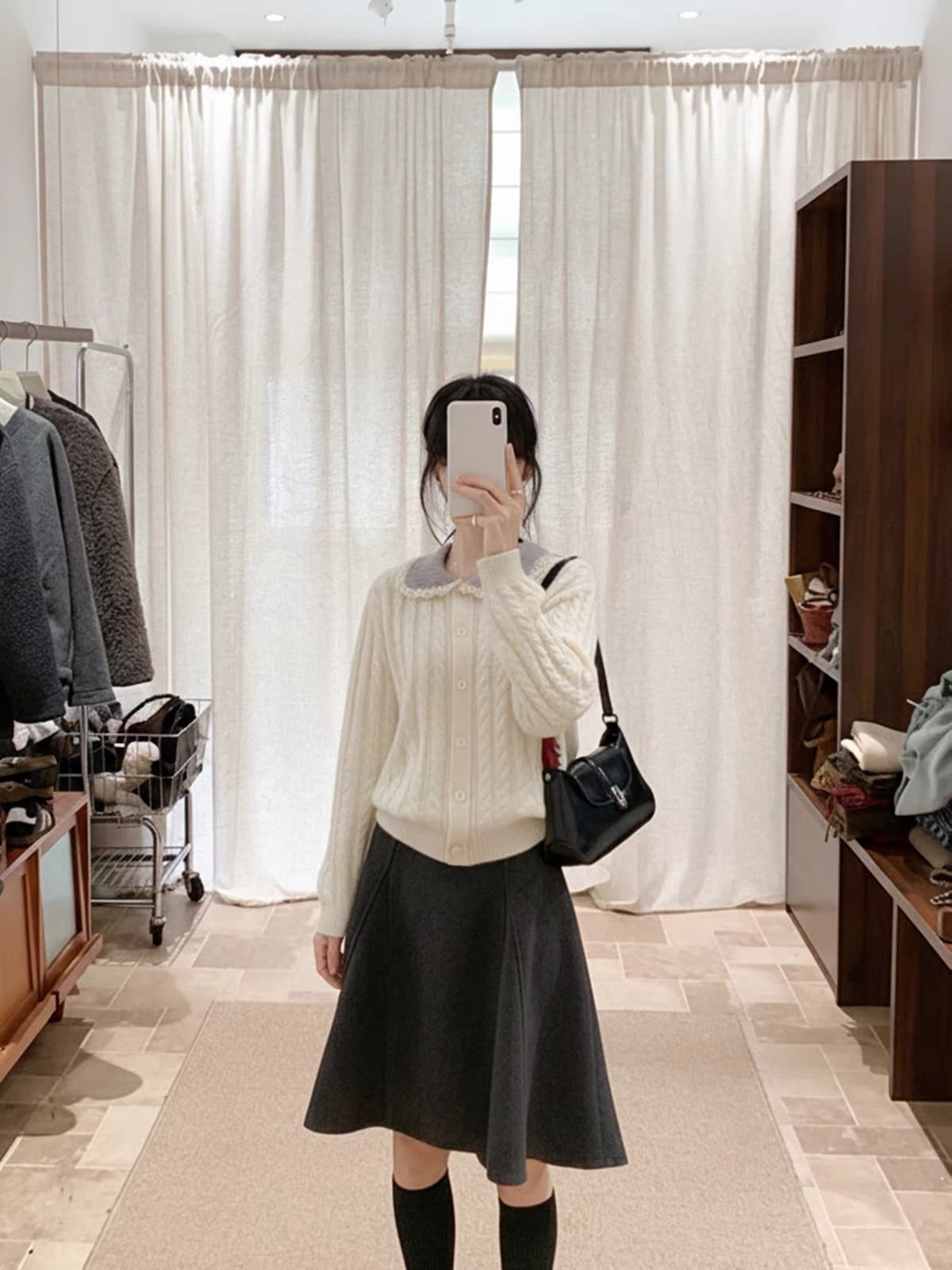 한국 스타일 배색 폴로 칼라 꽈배기 레이스 칼라 스웨터 오픈 가디건 여성 겨울 레트로 문예 바람 맨위 상세 이미지 1