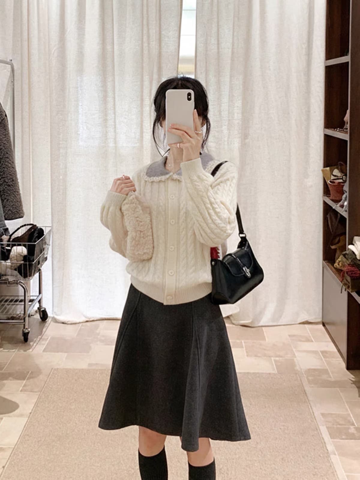 한국 스타일 배색 폴로 칼라 꽈배기 레이스 칼라 스웨터 오픈 가디건 여성 겨울 레트로 문예 바람 맨위 상세 이미지 4