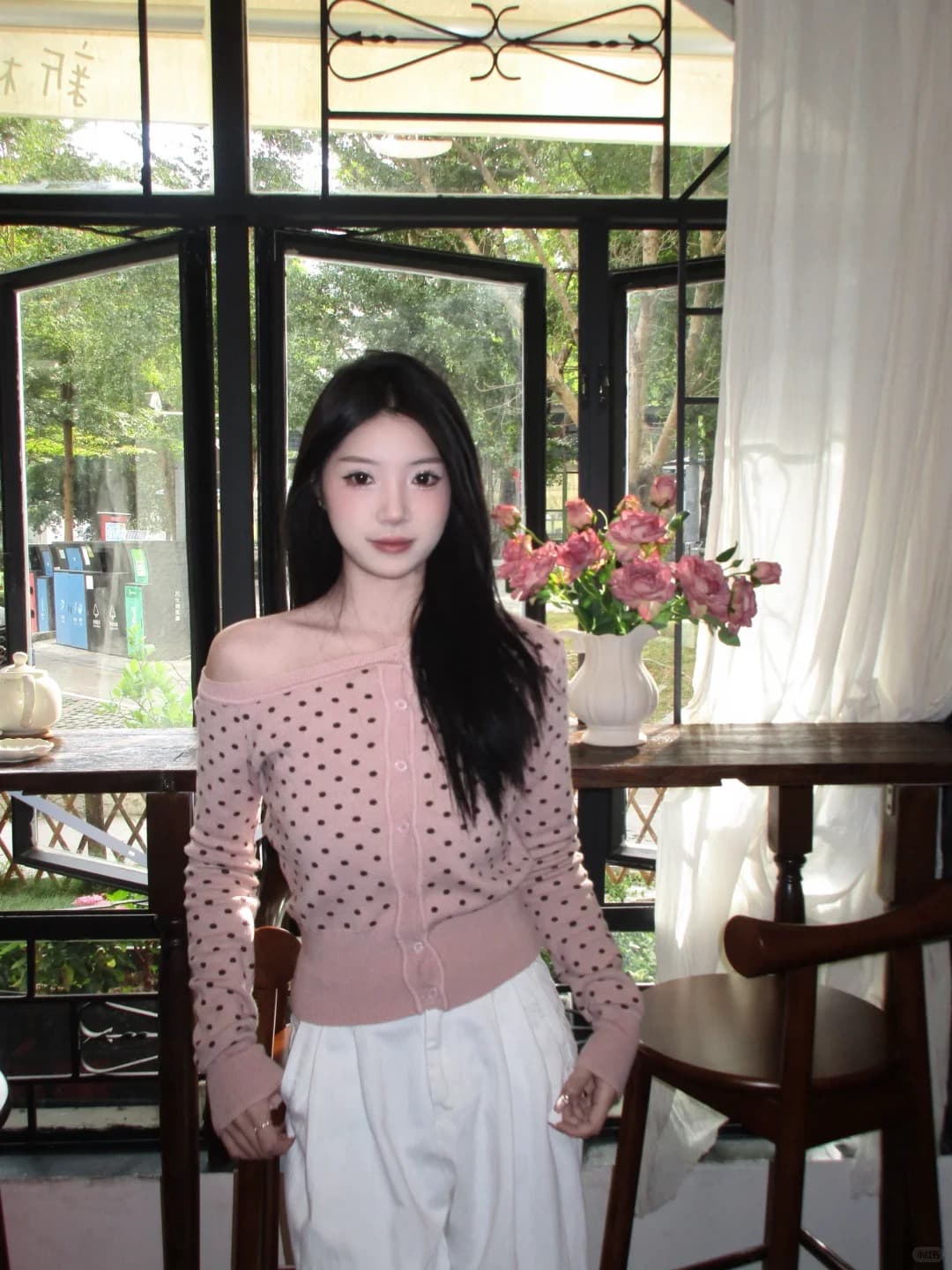 한 부서 조기 가을 분위기 센스 회색 도트 무늬 비스듬한 어깨 니트 스웨터 맨위 여성 외부 가져 가라. 오프숄더 스웨터 카디건 코트 상세 이미지 8
