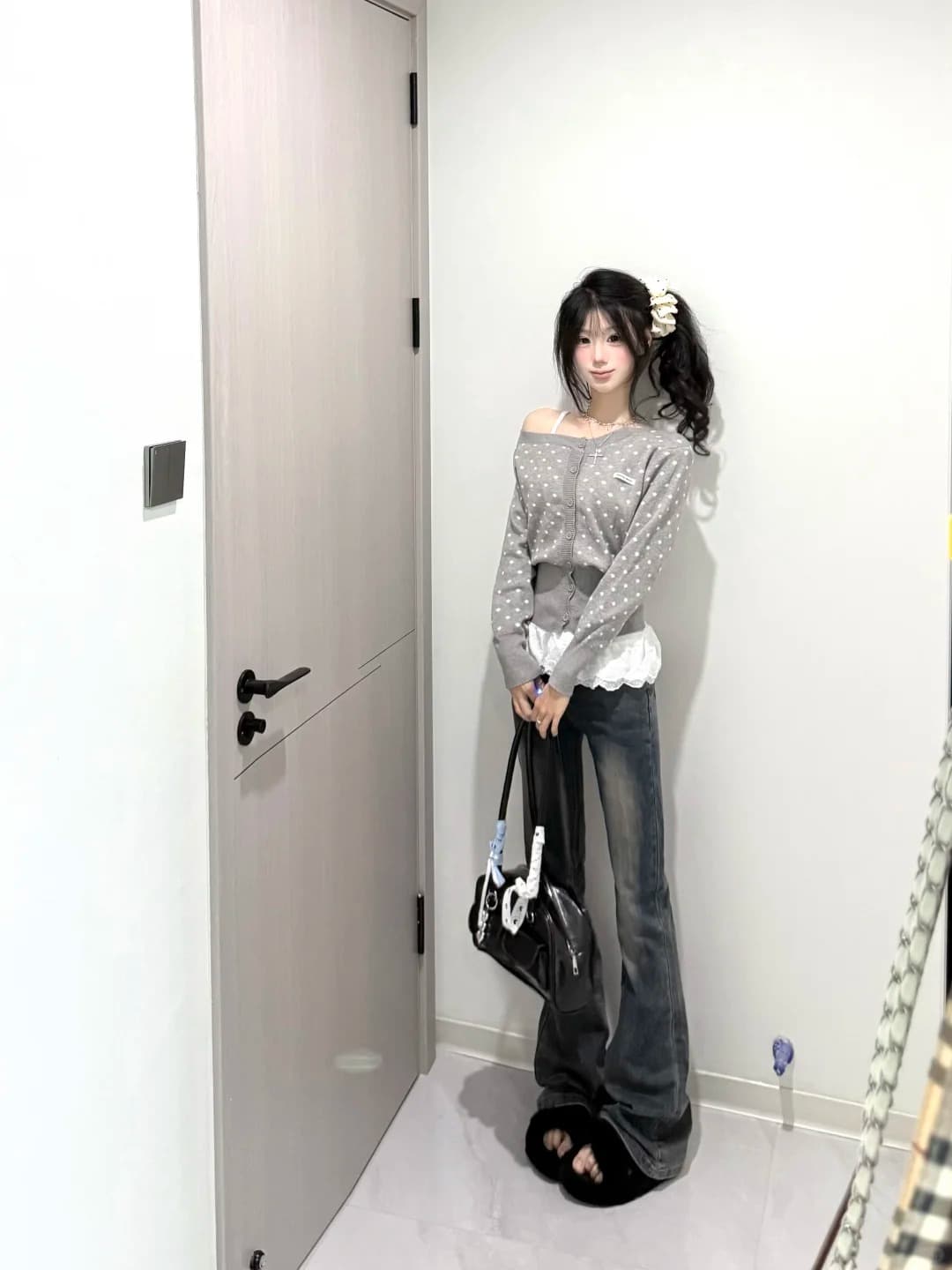 한 부서 조기 가을 분위기 센스 회색 도트 무늬 비스듬한 어깨 니트 스웨터 맨위 여성 외부 가져 가라. 오프숄더 스웨터 카디건 코트 상세 이미지 42
