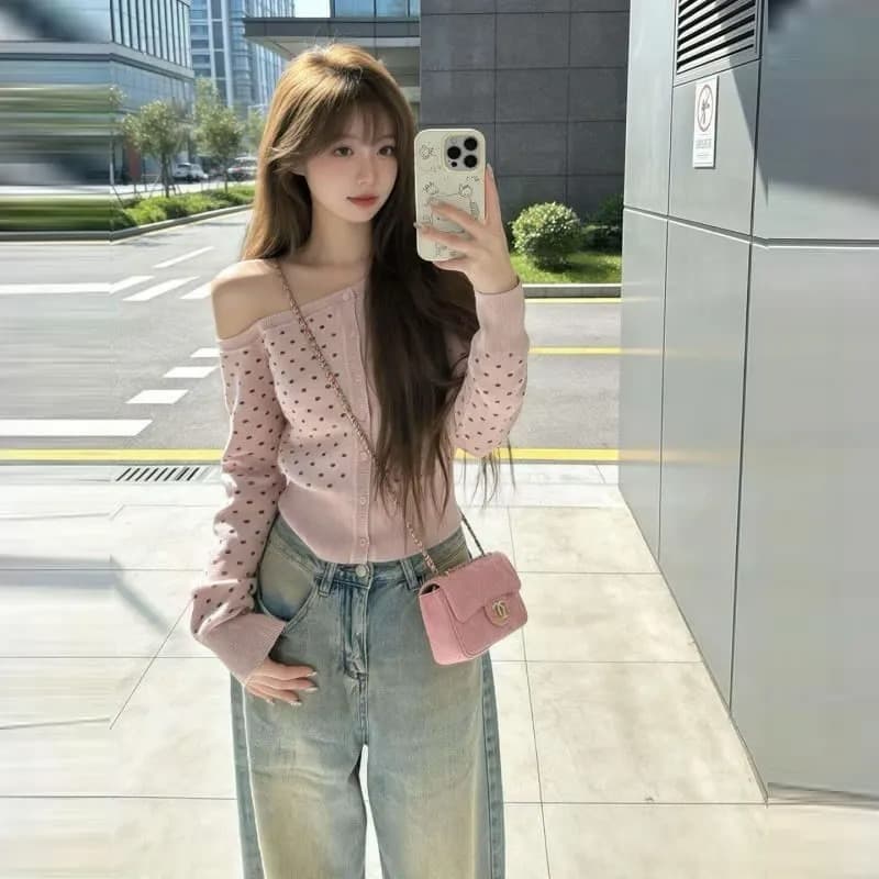 한 부서 조기 가을 분위기 센스 회색 도트 무늬 비스듬한 어깨 니트 스웨터 맨위 여성 외부 가져 가라. 오프숄더 스웨터 카디건 코트 상세 이미지 45