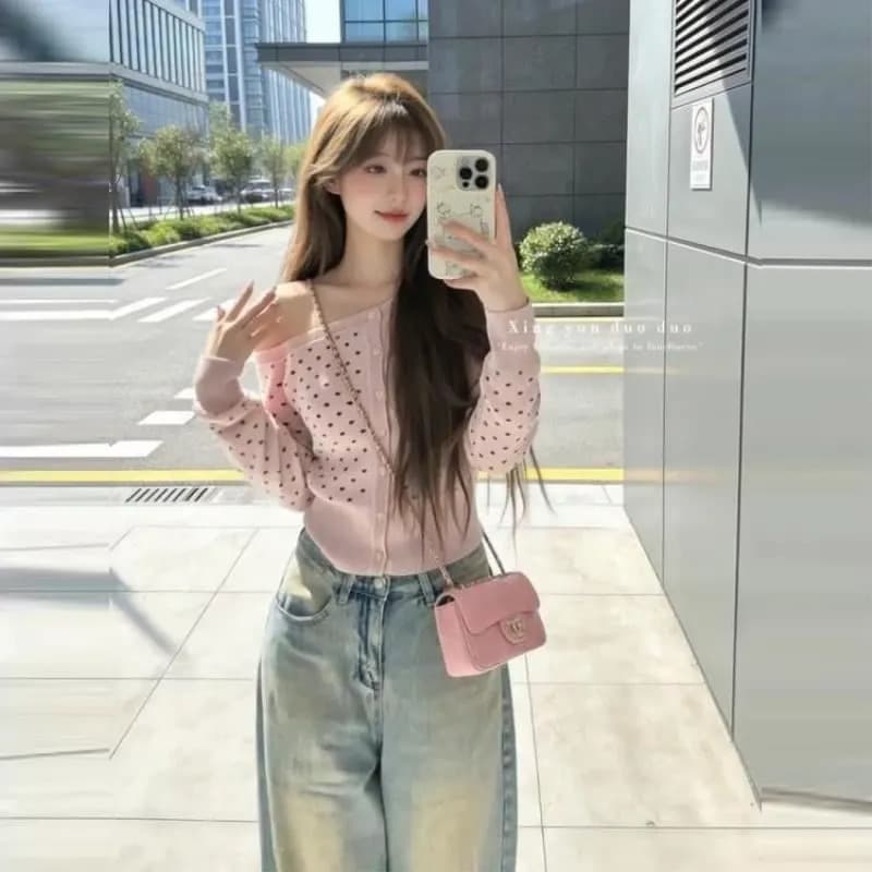 한 부서 조기 가을 분위기 센스 회색 도트 무늬 비스듬한 어깨 니트 스웨터 맨위 여성 외부 가져 가라. 오프숄더 스웨터 카디건 코트 상세 이미지 46