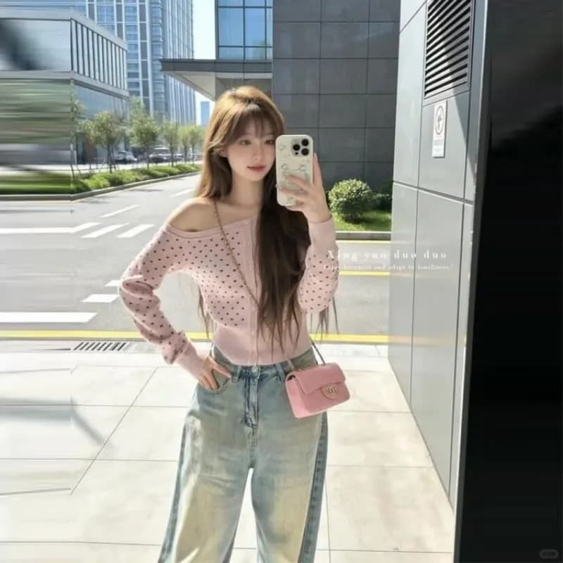한 부서 조기 가을 분위기 센스 회색 도트 무늬 비스듬한 어깨 니트 스웨터 맨위 여성 외부 가져 가라. 오프숄더 스웨터 카디건 코트 상세 이미지 47
