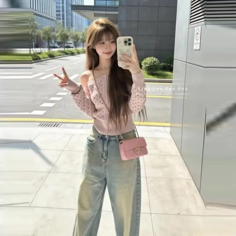 한 부서 조기 가을 분위기 센스 회색 도트 무늬 비스듬한 어깨 니트 스웨터 맨위 여성 외부 가져 가라. 오프숄더 스웨터 카디건 코트 상세 이미지 48