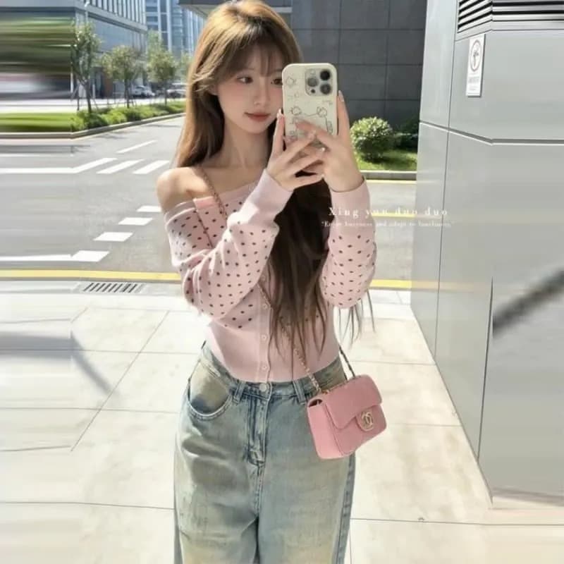 한 부서 조기 가을 분위기 센스 회색 도트 무늬 비스듬한 어깨 니트 스웨터 맨위 여성 외부 가져 가라. 오프숄더 스웨터 카디건 코트 상세 이미지 49